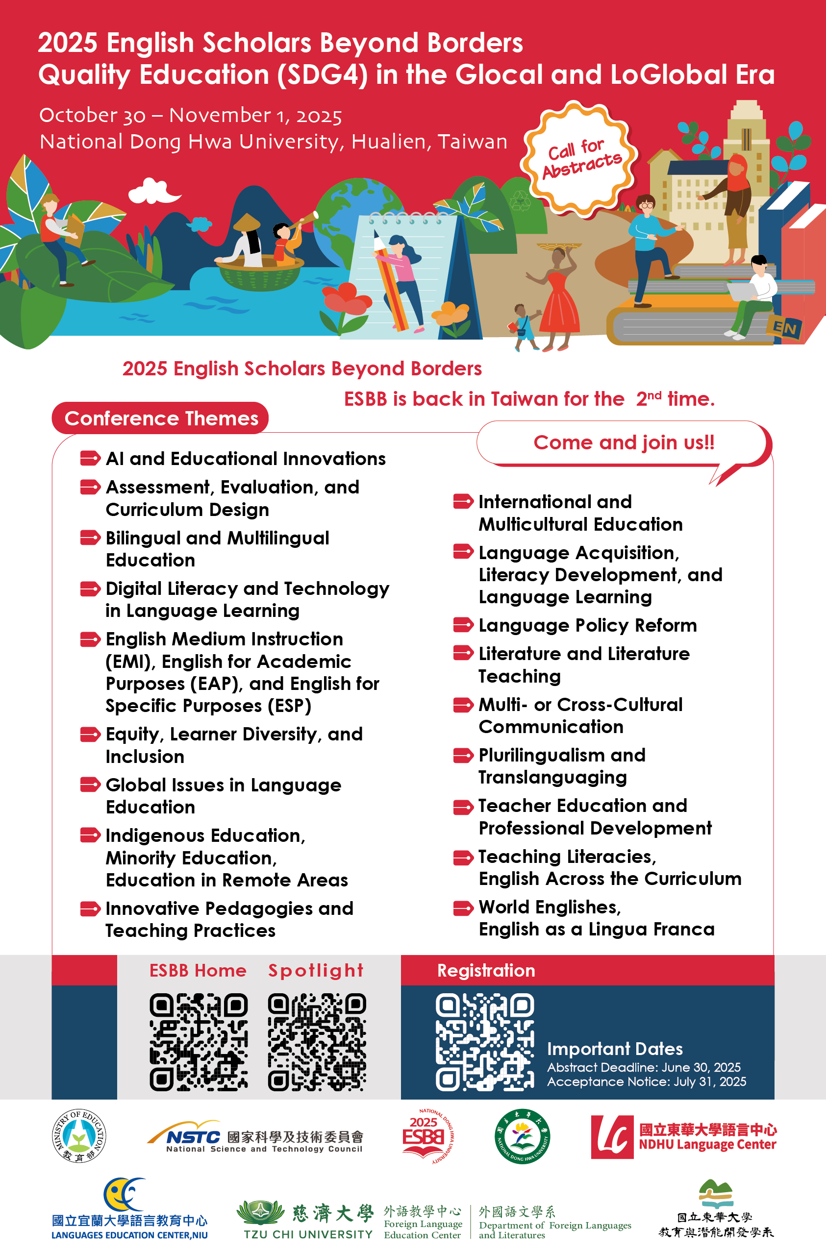 研討會徵稿】《2025 12th The English Scholars Beyond Borders: Quality Education  (SDG4) in the Glocal and LoGlobal Era 國際研討會》國立東華大學- 中原大學應用外國語文學系